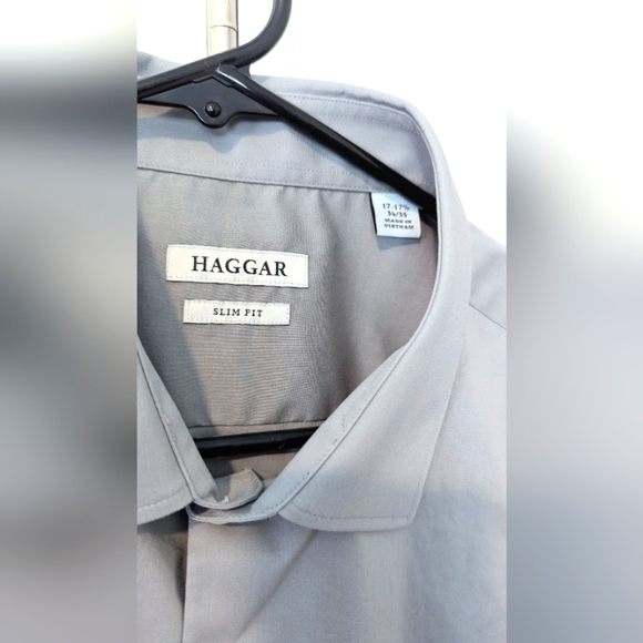 Haggar men's dress shirt slim fit grey gray wrinkle resistant size 17 - 17.5 EUC - Picture 2 of 4